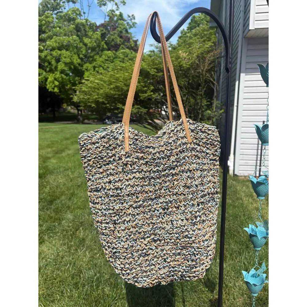 Slouchy Straw Beach Bag Teal Tan Boho Cottagecore Farmers Market